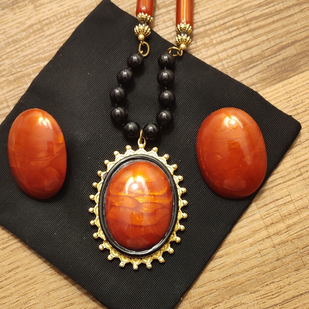 Vintage Statement Beaded Necklace • Large Oval Cabochon Pendant With Earrings